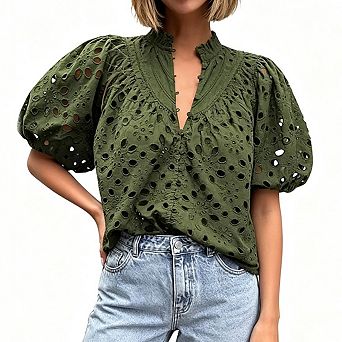 Women Eyelet Blouse Puff Short Sleeve Ruffle V Neck Button Down Loose Fit Casual Summer Shirt Top