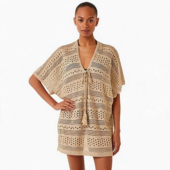 Women Crochet Knit Swim Cover‑Up V‑Neck Short Sleeve Tassel Tie Side Slit Beach Dress