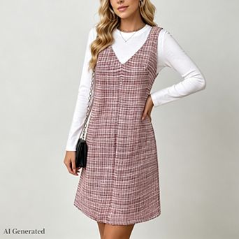 Women's Elegant Tweed Plaid Pinafore Dress A Line V Neck Sleeveless Midi Overall Jumper Dress