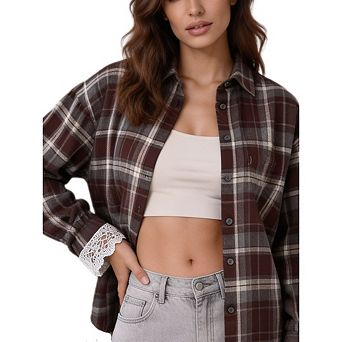Women Plaid Button Down Shirt Long Sleeve Turn‑Down Collar Lace Cuff Loose Fit Casual Blouse Top