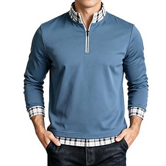 Men's Quarter Zip Pullover Long Sleeve Plaid Patchwork Casual Sweatshirt