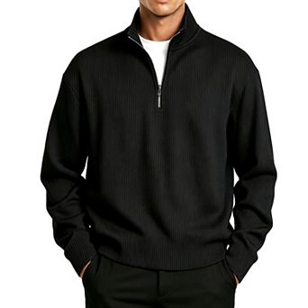 Men's Ribbed Quarter Zip Pullover Long Sleeve Casual Stand Collar Sweatshirt