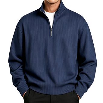 Men's Ribbed Quarter Zip Pullover Long Sleeve Casual Stand Collar Sweatshirt