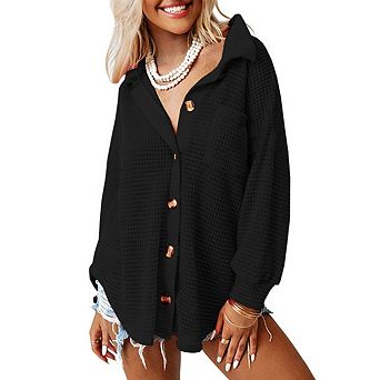 Women Waffle Knit Turn‑Down Collar Button‑Front Long Sleeve Loose Casual Shirt Blouse
