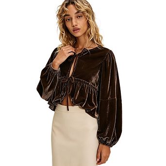 Women Velvet Tie‑Neck Balloon Long Sleeve Ruffled Cropped Casual Loose Fit Blouse Top