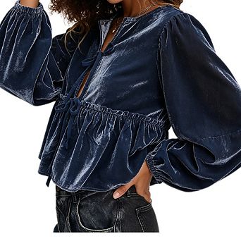 Women Velvet Tie‑Neck Balloon Long Sleeve Ruffled Cropped Casual Loose Fit Blouse Top