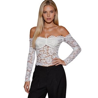 Women Off‑Shoulder Long Sleeve Vintage Lace Top Ruched Front Stretchy Fitted Elegant Blouse Shirt