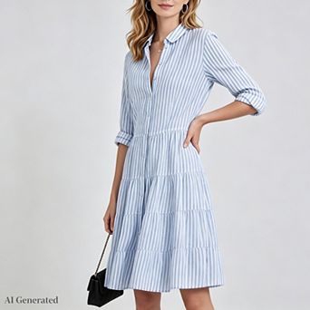 Women Striped Button Down Midi Shirt Dress Casual Loose Cuffed Long Sleeve Mid Long Dresses