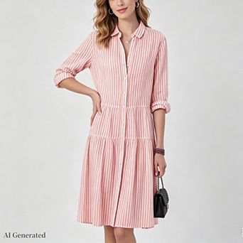 Women Striped Button Down Midi Shirt Dress Casual Loose Cuffed Long Sleeve Mid Long Dresses