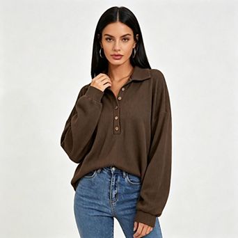 Women's Waffle Knit Polo Collar Top with Button Placket and Drop Shoulder Long Sleeves