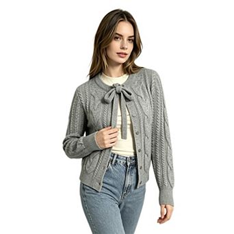 Women Tie Front Cable Knit Cardigan Button Down Sweater