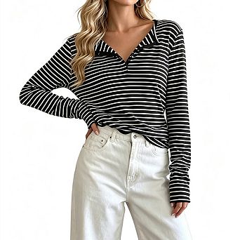 Women Striped Henley Long Sleeve Crew Neck Button Front Top Slim Fit Cropped Casual Shirt