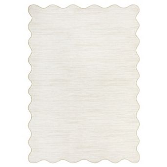 Solid Scalloped Edge Machine Washable Area Rug Low-Pile Carpet for Living Room Bedroom Porch
