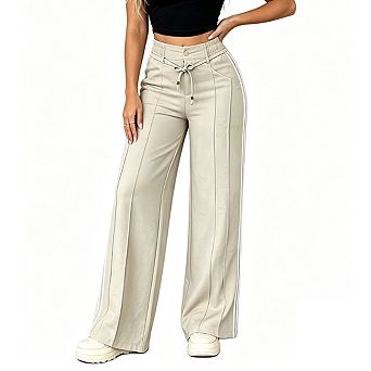Women High Waist Full Length Side Stripe Elastic Drawstring Waistband Casual Pants