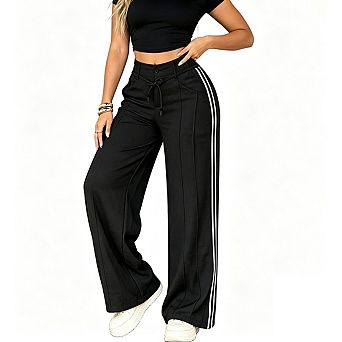Women High Waist Full Length Side Stripe Elastic Drawstring Waistband Casual Pants