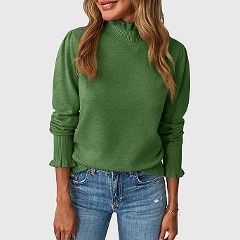 Womens Ruffle Mock Neck Sweater Casual Long Puff Sleeve Soft Knit Pullover Tops