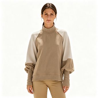Women's Color Block Mock Neck Sweatshirt with Raglan Balloon Long Sleeves