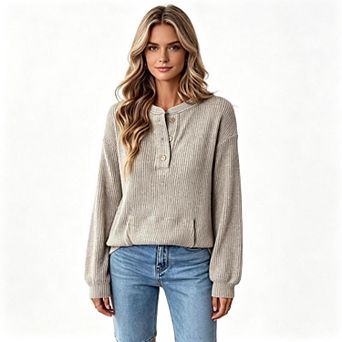 Women's Ribbed Knit Mock Neck Henley Top with Kangaroo Pocket and Long Sleeves