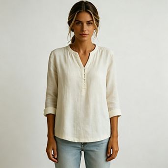 Women's Cotton Linen V-Neck Top with Half Placket, Roll-Tab Sleeves and Curved Hem