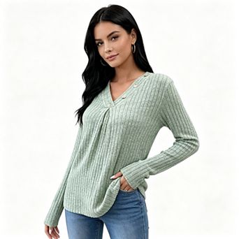 Women's Ribbed Knit V-Neck Top with Asymmetric Button Placket and Pleated Detail