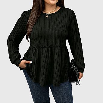 Womens Babydoll Sweater Tops Crew Neck Long Sleeve Peplum Blouses Dressy Casual Work Office Outfits