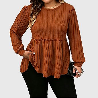 Womens Babydoll Sweater Tops Crew Neck Long Sleeve Peplum Blouses Dressy Casual Work Office Outfits