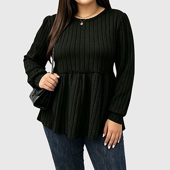 Womens Babydoll Sweater Tops Casual Long Sleeve Crew Neck Peplum Blouses Dressy Work Office Outfits