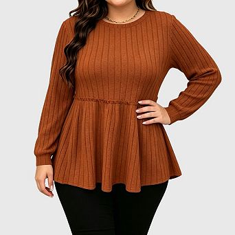 Womens Babydoll Sweater Tops Casual Long Sleeve Crew Neck Peplum Blouses Dressy Work Office Outfits