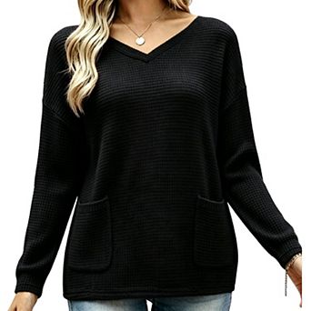 Women's Long Sleeve Shirts Casual Waffle Knit Sweatshirt V Neck Loose Tunic Top with Pockets