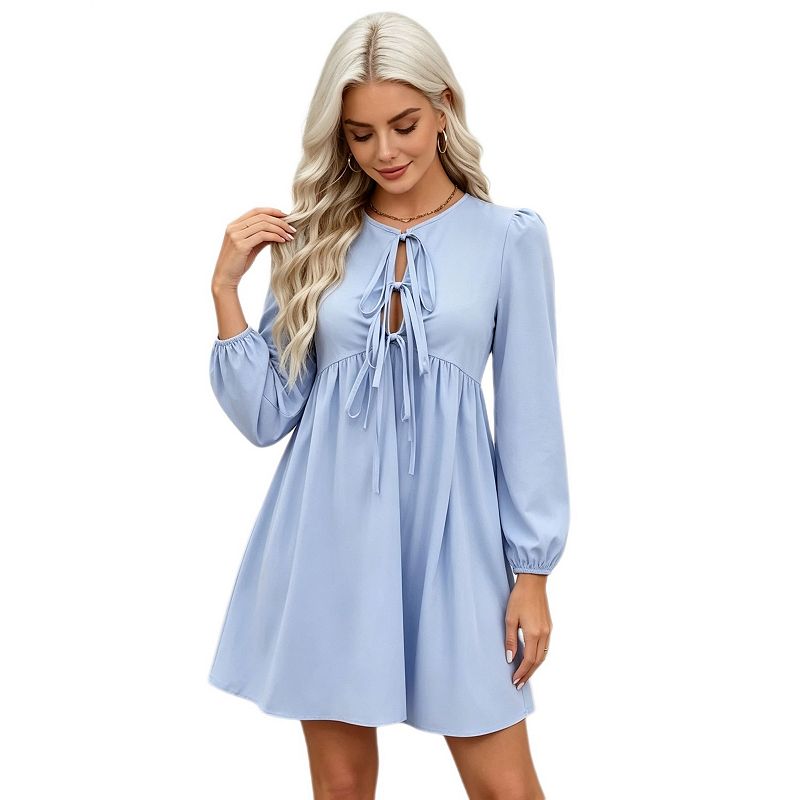 blue mini flowy dress Women's Tie Front Puff Long Sleeve Cute Babydoll Casual A‑Line Dress Pair it with crisp Color:Salmon dark cottagecore 90s Girls Slip Dress