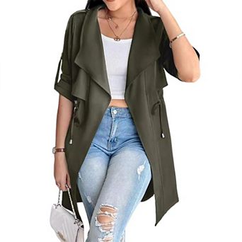 Women's Oversized Open Front Long Trench Coat Dressy Casual Lightweight Outerwear with Drawstring