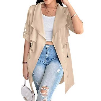 Women's Oversized Open Front Long Trench Coat Dressy Casual Lightweight Outerwear with Drawstring
