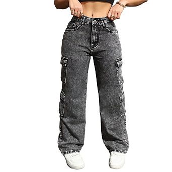 Women High Waisted Cargo Jeans Multi‑Pocket Wide Leg Loose Fit Denim Pants