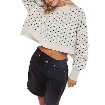 Women Crew Neck Dot Jacquard Cropped Sweater Long Sleeve Loose Fit Casual Knit Pullover