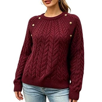 Womens Fall Winter Cable Knit Thermal Sweater Long Sleeve Button Decor Casual Pullover