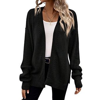 Women Open Front V‑Neck Knit Cardigan Long Sleeve Pointelle Loose Fit Casual Sweater Coat
