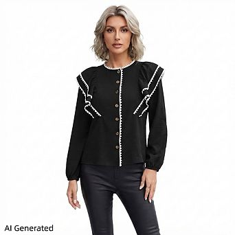 Women’s Ruffle Lace Trim Shirt, Lantern Sleeve Button Front French Style Dressy Office Casual Tops
