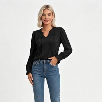 Women's Pintuck Pleat Split Neck Blouse with Smocked Ruffle Cuff Long Sleeves