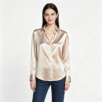 Women's Satin Vertical Stripe Button-Down Shirt with Point Collar and Long Sleeves
