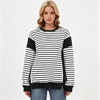 Women's Striped Contrast Panel Crew Neck Sweatshirt with Side Slits