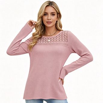 Women Waffle Knit Long Sleeve Top, Crew Neck Blouse with Hollow Lace Yoke Detail