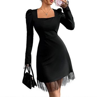Women's Square Neck Puff Long Sleeve Mesh Splicing High Waist a Line Elegant Party Cocktail Dress