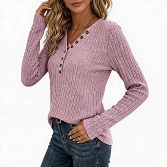Women's V‑Neck Henley Ribbed Knit Top Soft Brushed Long‑Sleeve Button Casual Pullover