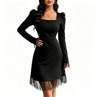Women's Mesh Long Sleeve Square Neck Bodycon Stretch Elegant Party Cocktail Dresses