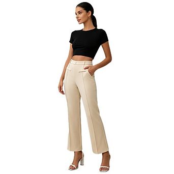 Women High Waist Flare Suit Pants Stretch Slim Fit Straight Trousers with Decorative Front Pockets
