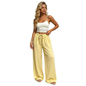 Women Drawstring Elastic Waist Wide Leg Long Pants Loose Fit Casual Flowy Trousers