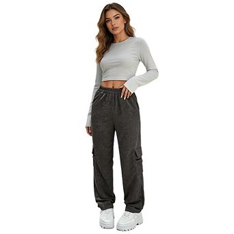 Women Knit Cargo Sweatpants Elastic Waist Loose Straight Trousers with Pockets Casual Sport Bottoms