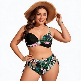 Women Plus Size Floral Bikini Set Twist Front Top Side Tie High Waist Bathing Suit