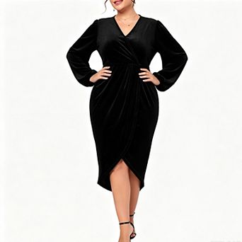 Women Plus Size Velvet Sheath Midi Dress Long Sleeve Wrap v Neck Ruched Waist Front Slit Formal Gown