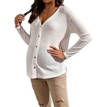Women's Maternity Button Down V Neck Sweater Open Front Long Sleeve Lightweight Knitted Cardigan
